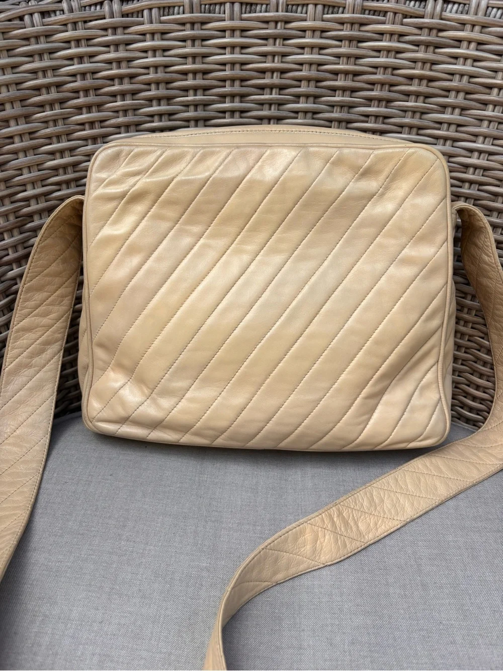 Authentic CHANEL beige leather tassel camera crossbody bag